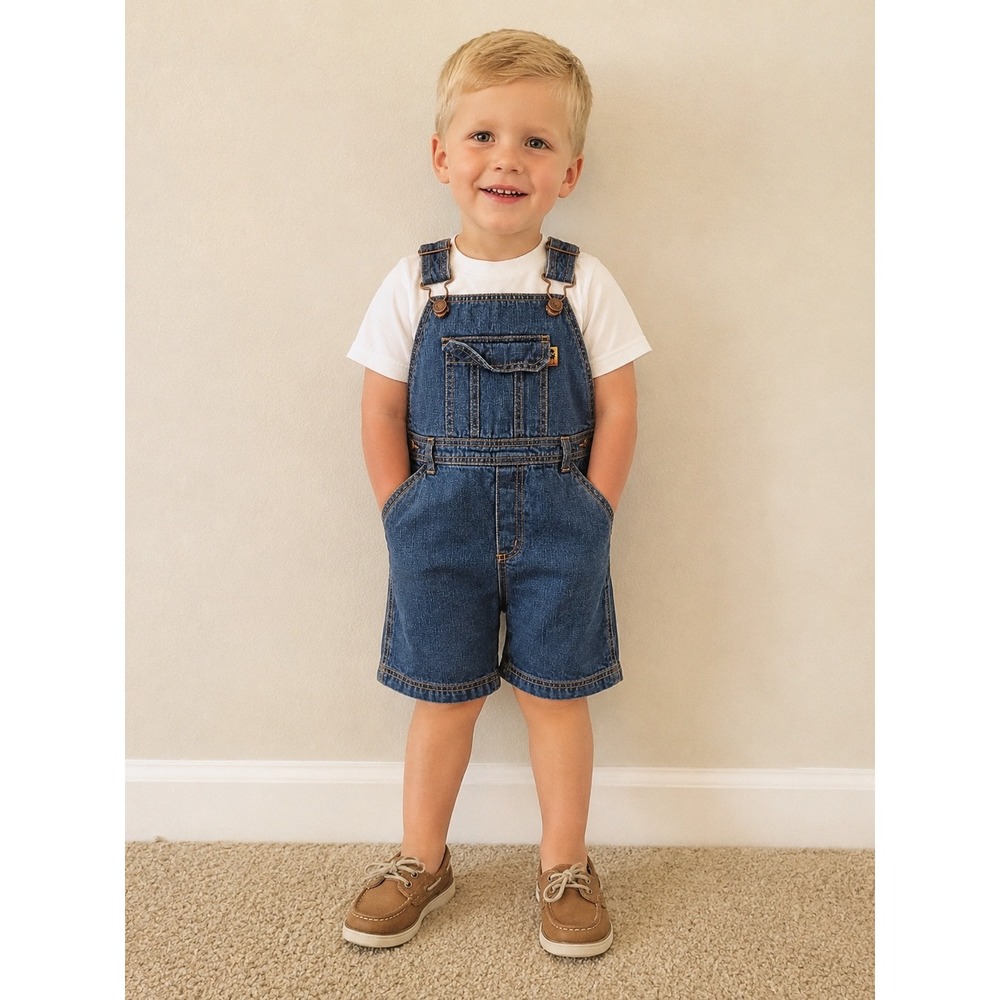 Gymboree Vintage 2003‎ Y2K Boys Denim Short Overalls Sunset Palm Tree Size 3T